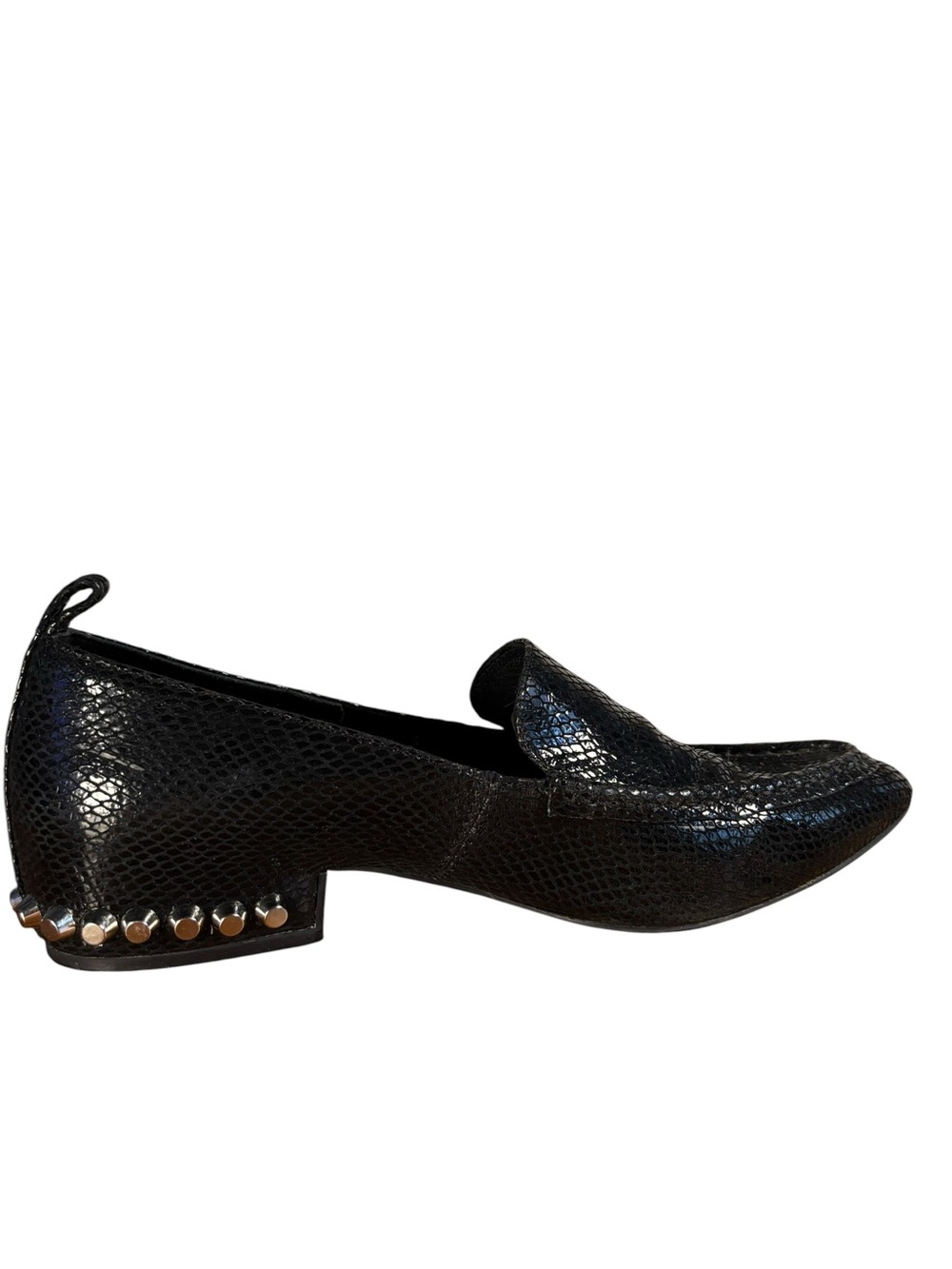 Jeffrey Campbell Black Snakeskin-Texture Loafers with Studded Heel